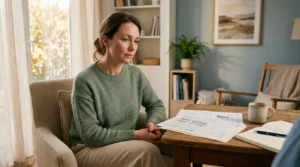 Femme fatiguée en consultation avec des bilans biologiques pour comprendre des symptômes persistants.