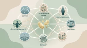 Schéma de santé fonctionnelle reliant digestion, stress, sommeil, hormones, inflammation et énergie cellulaire.