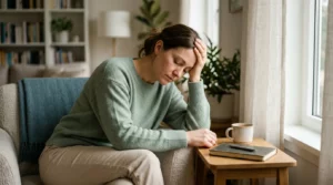Femme fatiguée dans un intérieur calme évoquant une récupération difficile après une longue période de compensation.