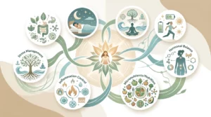 Schéma d'approche globale reliant digestion, sommeil, stress, hormones, inflammation, micronutriments et fatigue.