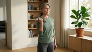 Femme autour de la ménopause réalisant un exercice de force adapté dans un intérieur lumineux