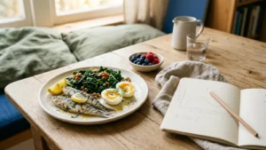 Assiette d'aliments riches en micronutriments avec carnet de suivi pour stabiliser le terrain métabolique