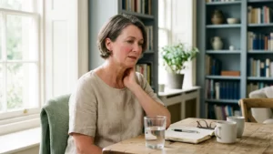 Femme en périménopause ressentant une bouffée de chaleur dans un intérieur calme