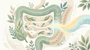 Intestin stylisé avec microbiote, fibres et nutriments absorbés dans un flux lumineux.