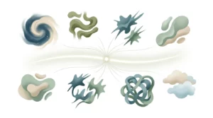 Schéma abstrait montrant plusieurs signaux de fatigue chronique reliés à une même chronologie clinique.