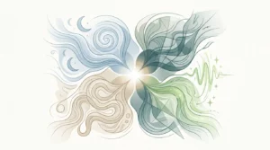 Composition abstraite reliant sommeil, digestion, douleurs et énergie pour représenter une priorité clinique dans la fatigue chronique.