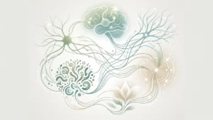 Réseau abstrait reliant cerveau, intestin, métabolisme et hormones pendant la périménopause.