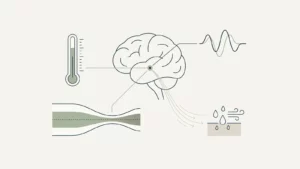 Schéma montrant le cerveau, le thermostat interne et la réponse de chaleur liée aux variations hormonales