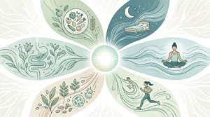 Schéma abstrait montrant plusieurs leviers comme alimentation, sommeil, stress, activité physique et micronutrition convergeant vers une priorité clinique.