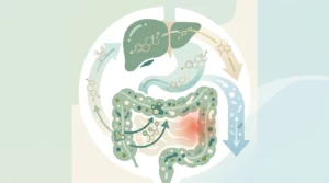 Schéma abstrait reliant intestin, foie, microbiote et métabolisme des œstrogènes dans le syndrome prémenstruel.