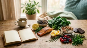 Aliments riches en micronutriments comme poissons gras, œufs, légumes verts, oléagineux et fruits rouges pour soutenir l'équilibre hormonal.