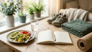 Assiette colorée, carnet, tapis de yoga et lumière matinale pour illustrer les premiers leviers de la périménopause.