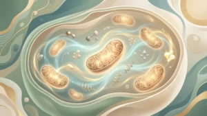 Mitochondries stylisées dans une cellule, avec flux lumineux évoquant la production d'énergie.