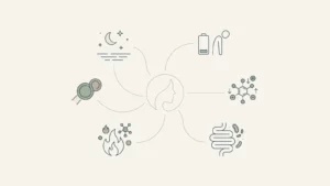 Schéma reliant sommeil, fatigue, glycémie, inflammation et digestion au terrain des bouffées de chaleur