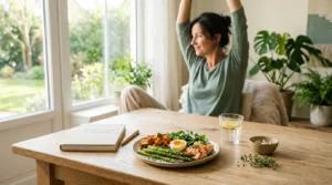 Scène lumineuse avec repas équilibré, carnet de suivi et femme qui s'étire près d'une fenêtre pour illustrer les leviers de récupération.