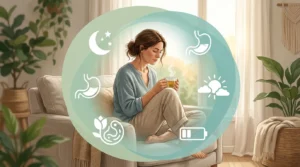 Femme fatiguée entourée de symboles évoquant le sommeil, la digestion, l'énergie et les fluctuations hormonales.