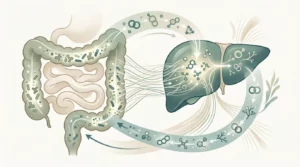 Intestin et foie stylisés reliés par des flux hormonaux pour représenter le métabolisme des œstrogènes par le microbiote.