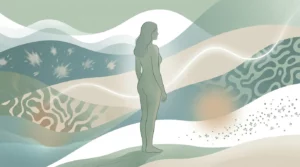 Silhouette féminine entourée de couches abstraites représentant le stress, le sommeil, la glycémie, le microbiote et les carences.