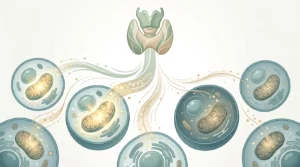 Thyroïde stylisée reliée à des cellules et mitochondries pour représenter le rôle de la T3 dans l'énergie cellulaire.