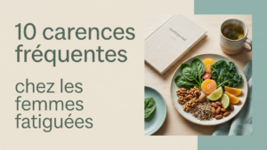 Assiette composée d'aliments riches en nutriments illustrant les principales carences nutritionnelles pouvant contribuer à la fatigue chez les femmes.