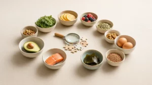 Dix bols d’aliments riches en nutriments disposés autour d’une loupe, symbolisant les carences à explorer chez les femmes fatiguées.