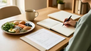 Bureau de consultation avec bilan biologique flouté, carnet et assiette riche en nutriments pour illustrer la priorisation des carences.