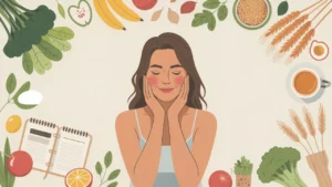 Illustration d'une femme fatiguée entourée d'aliments riches en vitamines, minéraux et protéines, représentant les principales carences nutritionnelles chez les femmes.