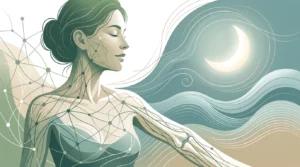 Illustration sans texte d'une femme apaisée avec un réseau évoquant peau, tendons, articulations et récupération.