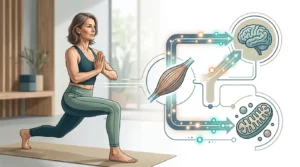 Femme active faisant un exercice doux avec un schéma visuel reliant muscle, cerveau et énergie cellulaire.