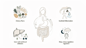 Schéma présentant les leviers de soutien du microbiote : fibres, transit, inflammation, foie, sommeil et stress.