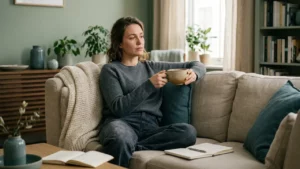 Femme assise sur un canapé avec une tasse chaude, illustrant la fatigue avant les règles.