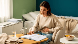 Femme dans un intérieur lumineux avec carnet de cycle, illustrant l'influence du terrain global sur les hormones féminines.