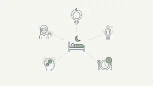 Schéma reliant un réveil nocturne à plusieurs indices comme le cycle, la chaleur, le stress, les repas et la respiration