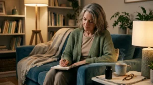 Femme écrivant dans un carnet le soir dans une ambiance calme, pour illustrer le lien entre magnésium, stress et sommeil à la ménopause.
