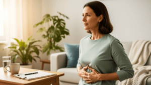 Femme dans une ambiance douce tenant son ventre, pour illustrer le lien entre microbiote intestinal et hormones féminines.