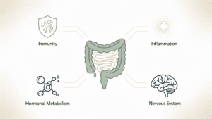 Infographie montrant le microbiote intestinal relié à l'immunité, l'inflammation, au métabolisme hormonal et au système nerveux.