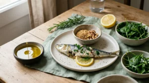 Assiette de poisson gras, noix, graines et légumes verts pour illustrer les sources alimentaires d'oméga-3 à la ménopause.