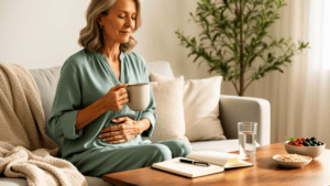 Femme en période de périménopause dans une ambiance apaisée, illustrant le rôle de l'intestin dans l'équilibre du terrain.