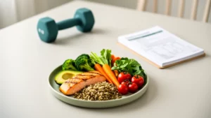 Assiette riche en protéines avec légumes, haltère et carnet de suivi pour illustrer la stabilité énergétique après 40 ans.