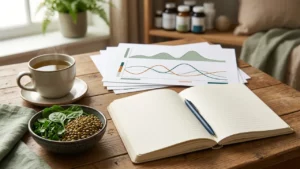 Bureau de consultation avec bilan biologique flouté, carnet et aliments riches en fer pour évoquer la fatigue pendant les règles.