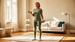 Femme après 40 ans réalisant un exercice de renforcement musculaire avec des haltères dans un intérieur lumineux.