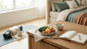Cuisine lumineuse avec repas équilibré, carnet de cycle et tapis de yoga pour représenter l’adaptation du rythme au cycle menstruel.