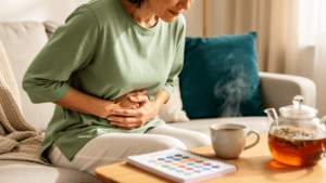 Femme tenant son bas-ventre dans une ambiance calme, pour illustrer le lien entre SPM, digestion et microbiote.
