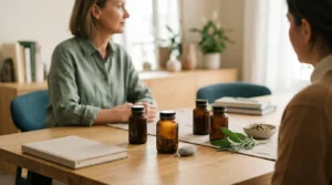 Flacons de compléments sans étiquette posés en consultation, avec une option mise en avant pour symboliser la priorité clinique.