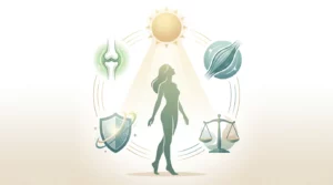 Schéma visuel sans texte montrant une silhouette féminine reliée au soleil, aux os, à l'immunité et à l'équilibre général.